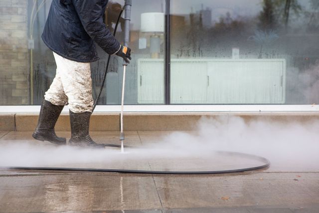 A man is using a high pressure washer to clean a sidewalk.