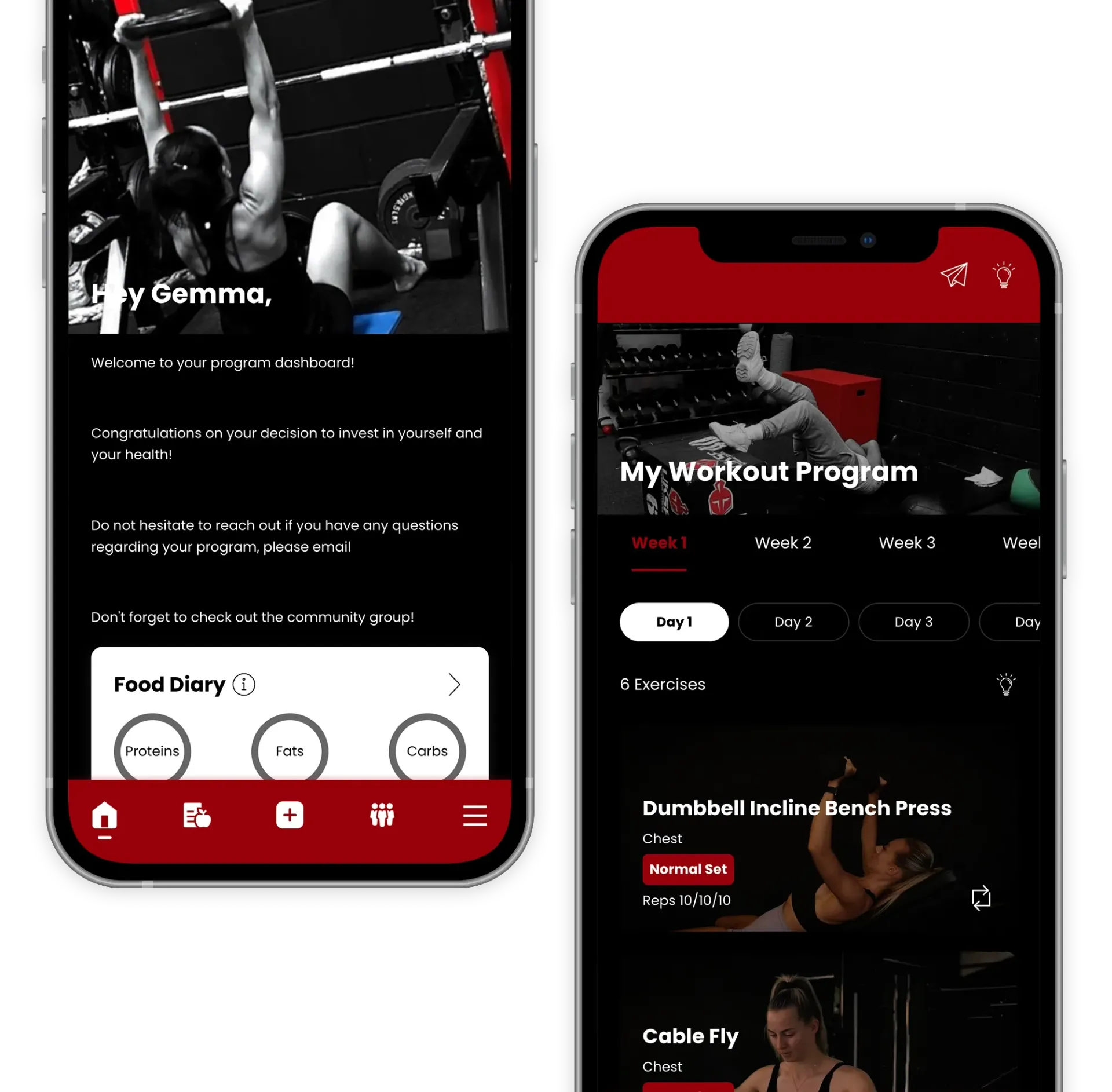 Two smartphone mockups side-by-side with blank screens featuring the text 