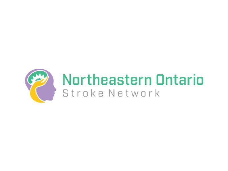The northeastern ontario stroke network logo is a purple and yellow logo with a brain and hand.
