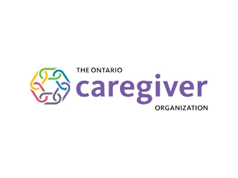 The ontario caregiver organization logo with a rainbow colored recycle symbol.