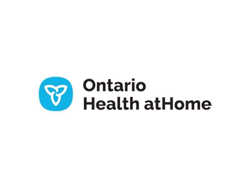 The ontario health at home logo is a blue circle with a heart in it.