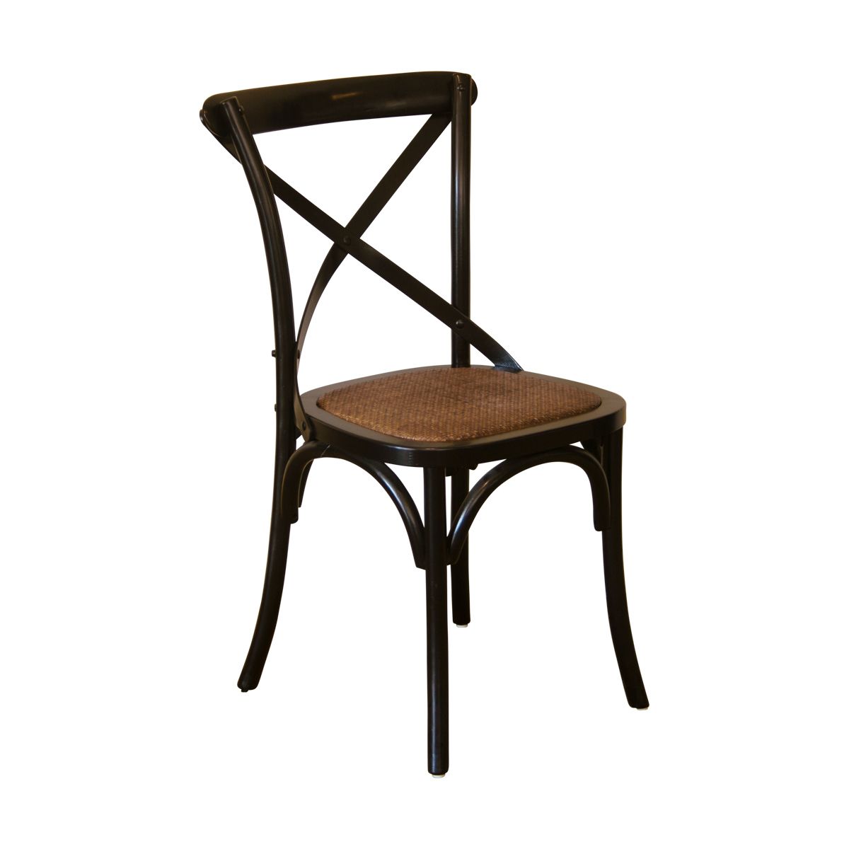 A criss cross black timber dining chair with contrasting covered seat.