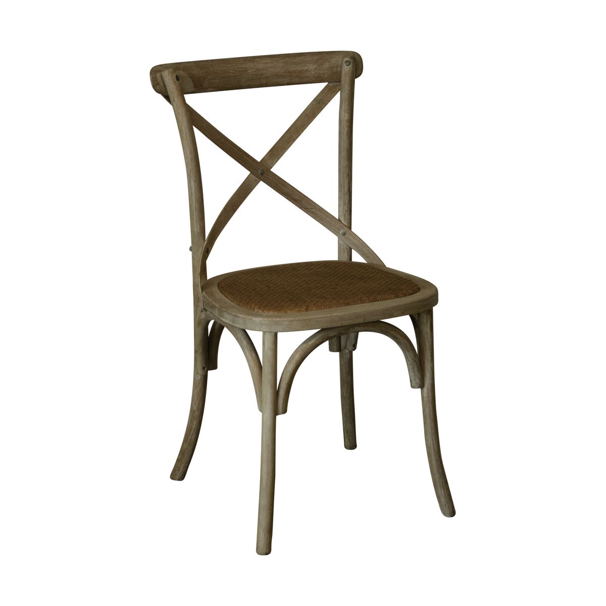 A criss cross oak timber dining chair with contrasting covered seat.