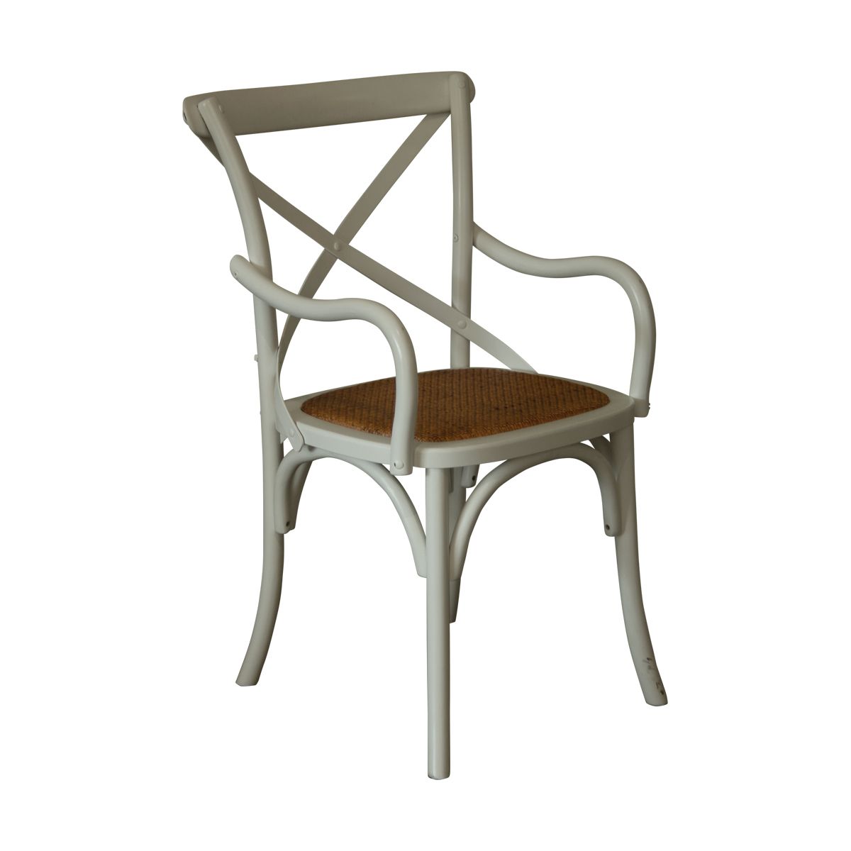 A criss cross white painted carver dining chair with contrasting covered seat.