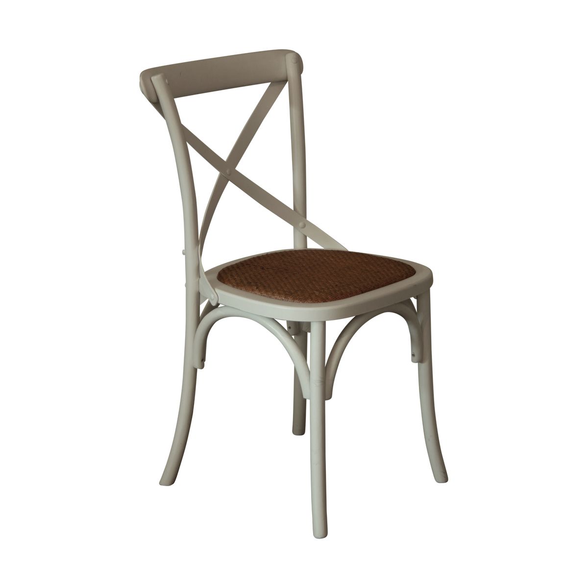 A criss cross white painted dining chair with contrasting covered seat.
