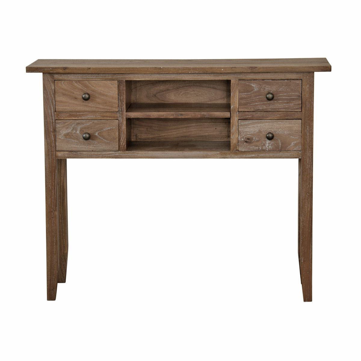 An all timber console table with two drawers either side and two shelved located centrally.