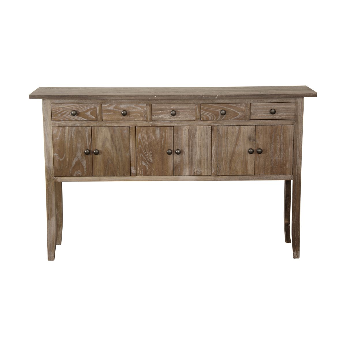 An all timber console table with five drawers located just ender the yp and  six doors below.