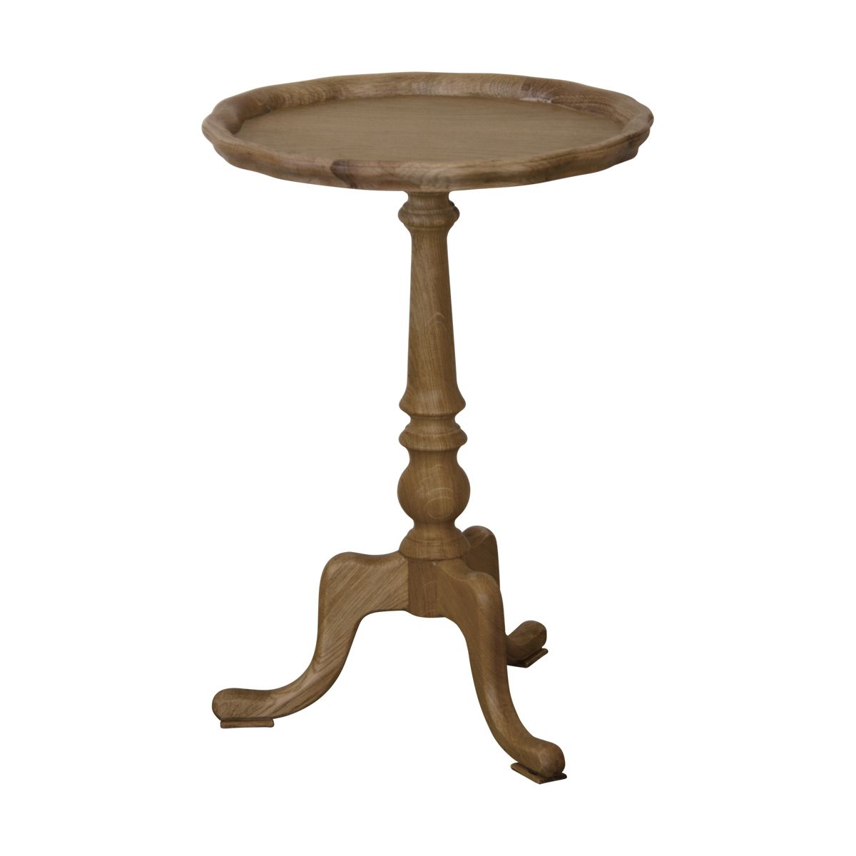 An all timber circular side table with single upright central leg and three feet.