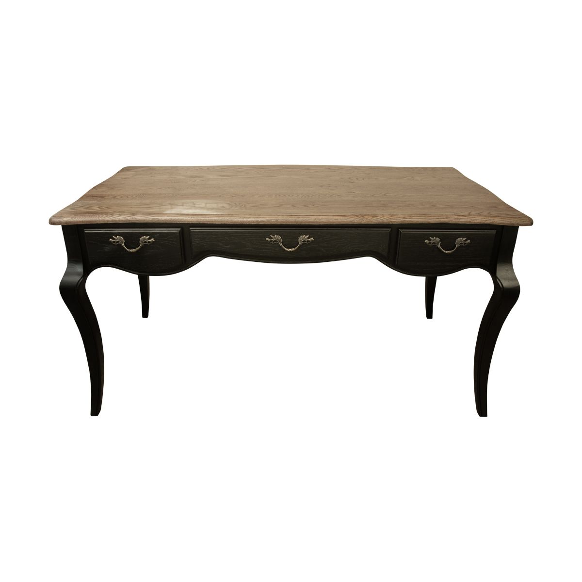 A black painted desk with timber top and three drawers.