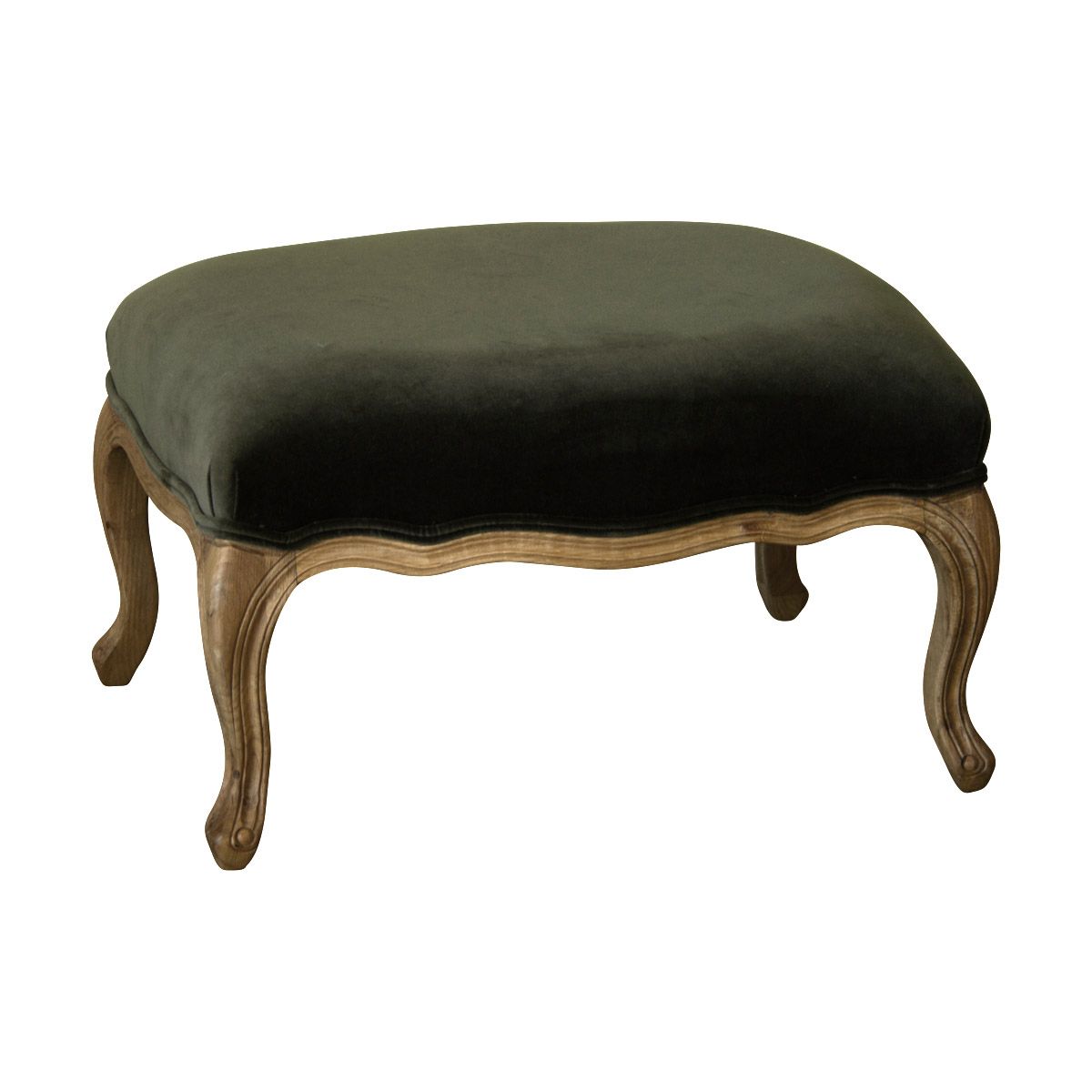 A footstool with green fabric covering on decoratively carved timber frame and legs.