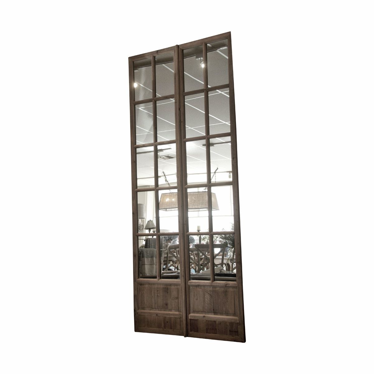 Decorative timber doors with mirrored panels.