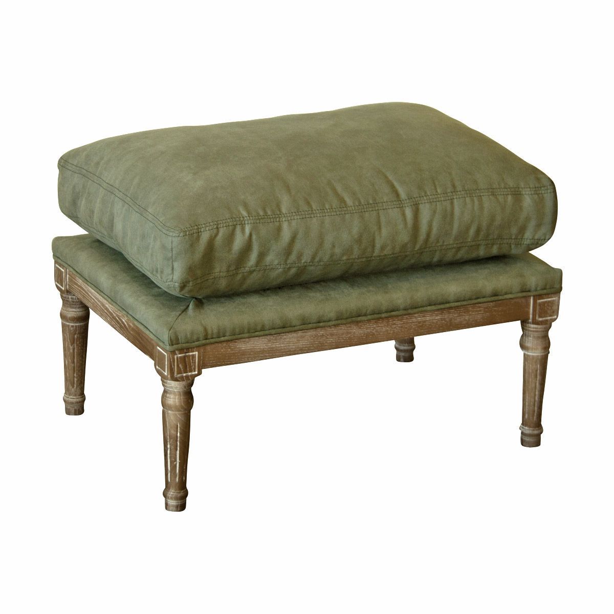 A footstool with green fabric cushion and timber frame and legs.
