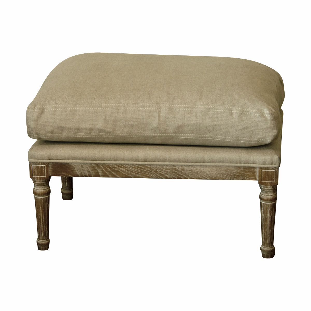 A footstool with linen fabric cushion and timber frame and legs.