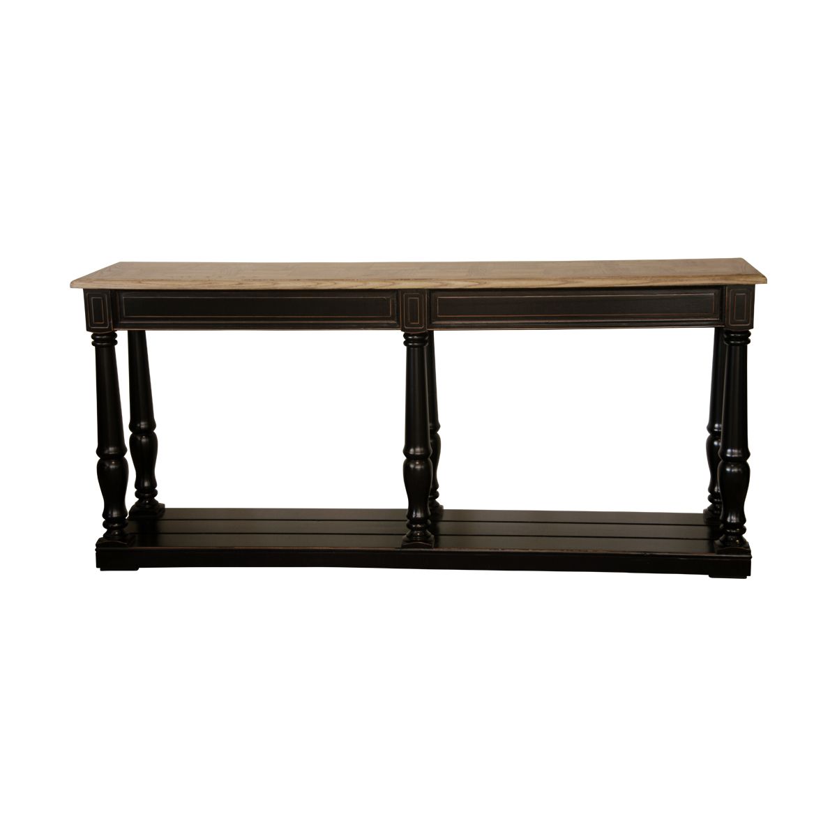 A black painted console table with timber top and a single lower shelf.