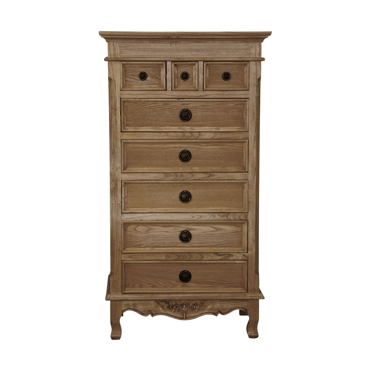 A tall all timber chest of drawers with three narrow drawers at the top and five stacked drawers below.