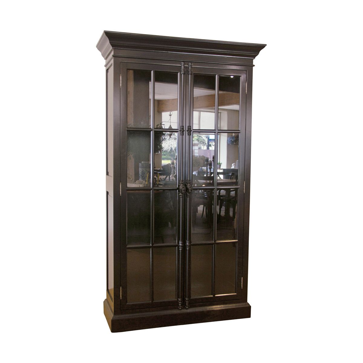 A black painted display unit with two glass panel doors and four shelves.