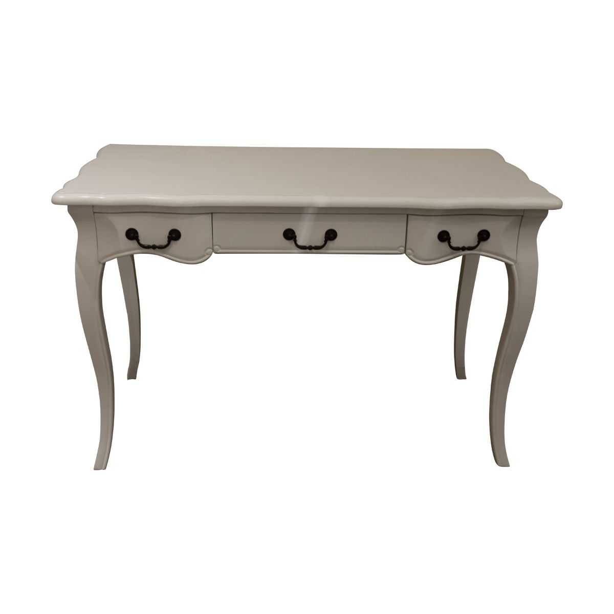A white painted desk with three drawers.