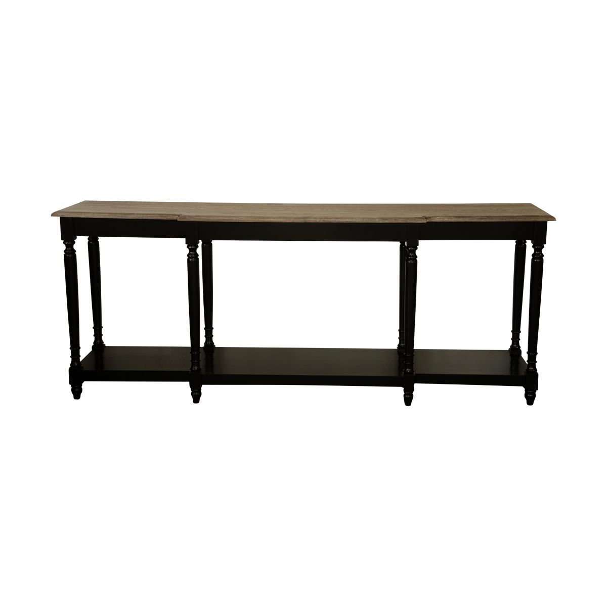A black painted console table with timber top and a single lower shelf.