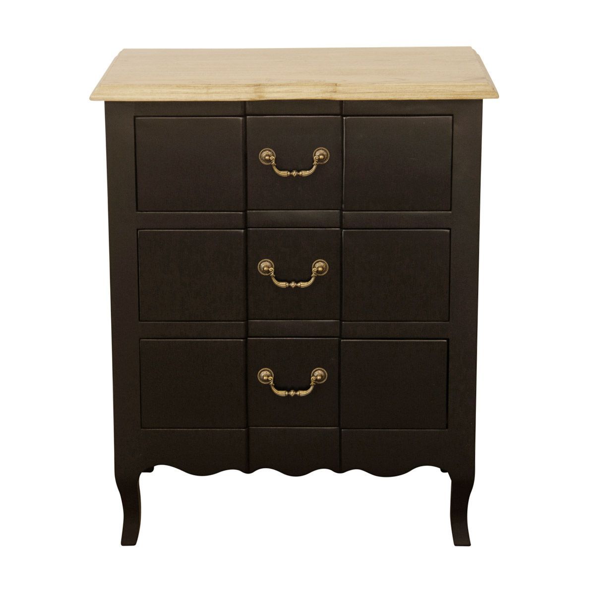 A black painted chest of drawers with timber top and three full width drawers.