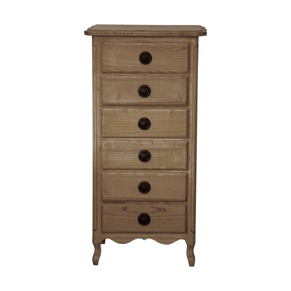 A tall all timber chest of drawers with six stacked drawers.