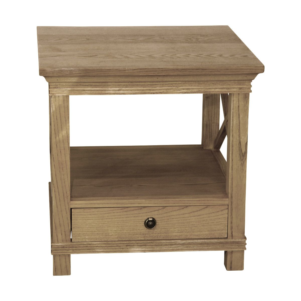 An all timber square sidetable with shelf and drawer below.