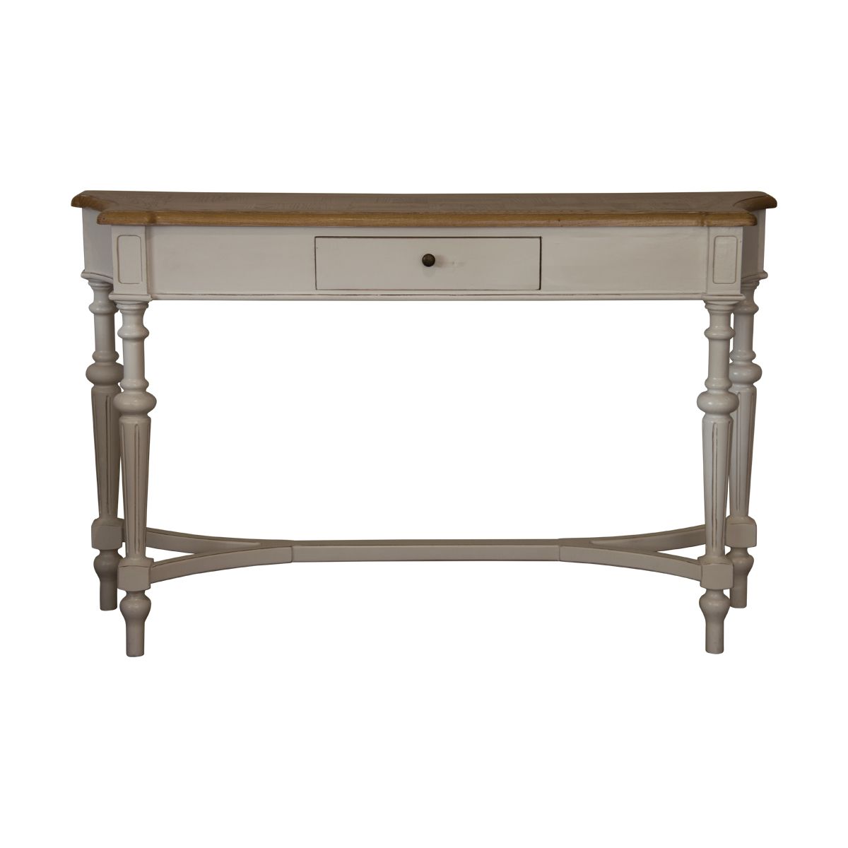 A white painted console table with a single small drawer in the side.