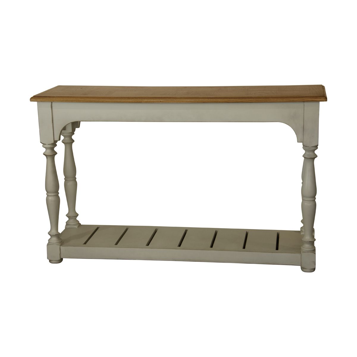 A white painted console table with timber top and a single lower shelf.