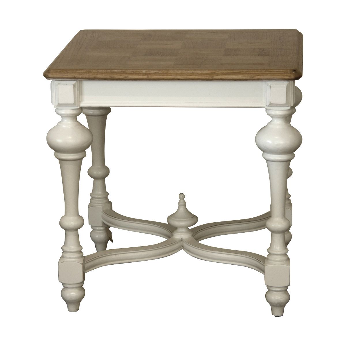 A white painted square side table with timber top.
