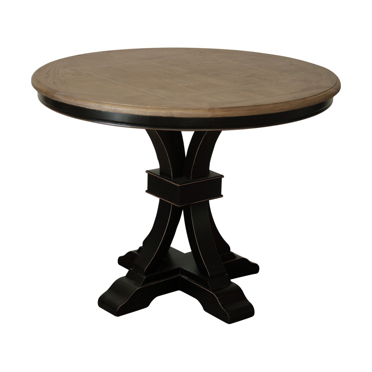 A circular timber dining table with black painted legs.
