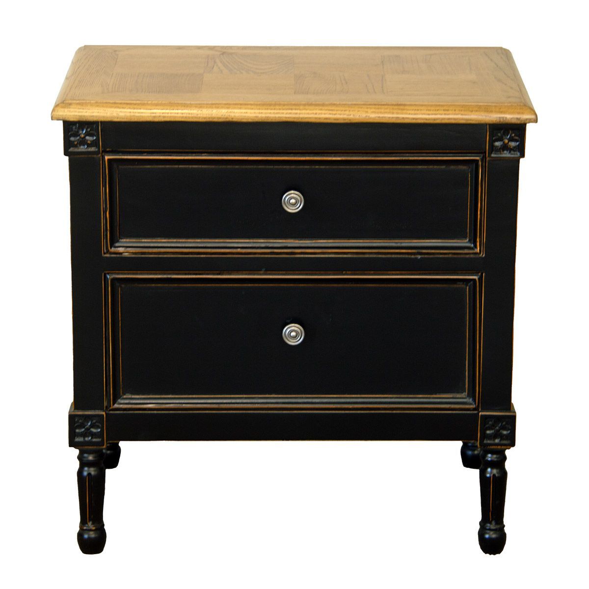 A black painted Bedside unit with timber top with two drawers
