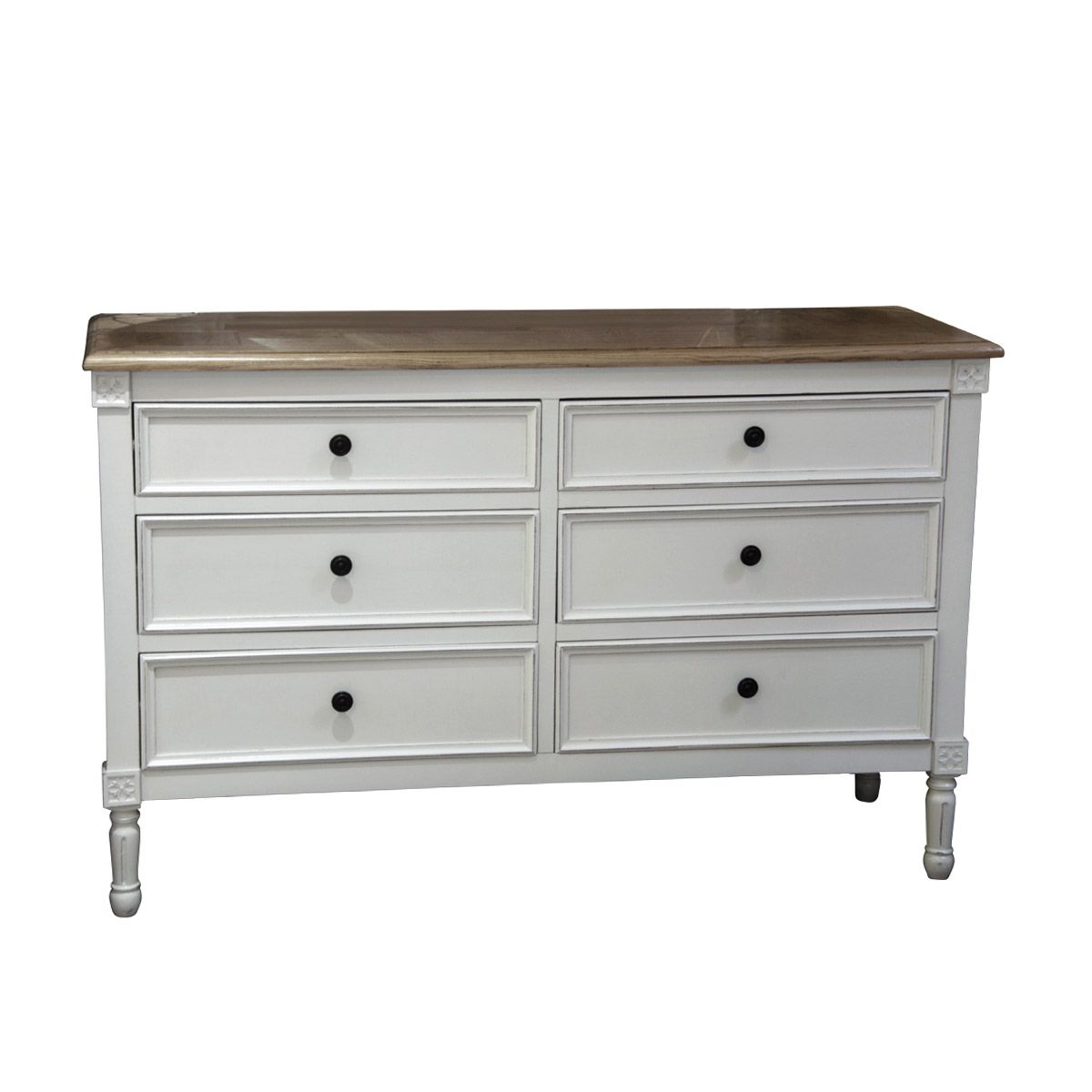 A white painted chest of drawers with timber top and two banks of three drawers to make six drawers in total.