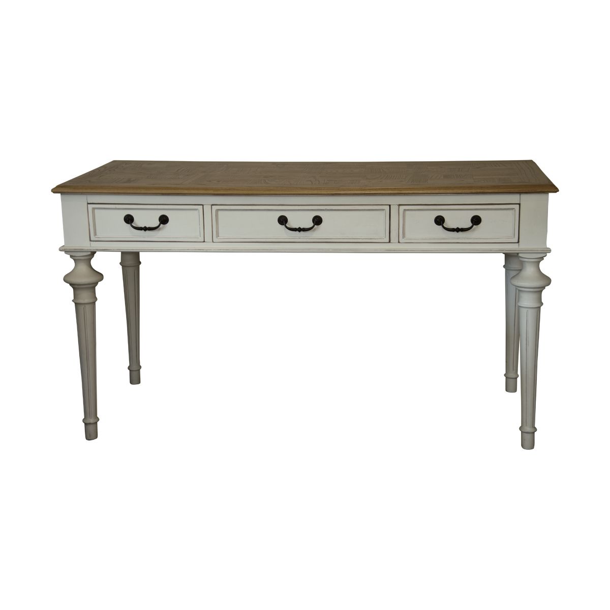 A white painted desk with timber top and three drawers.