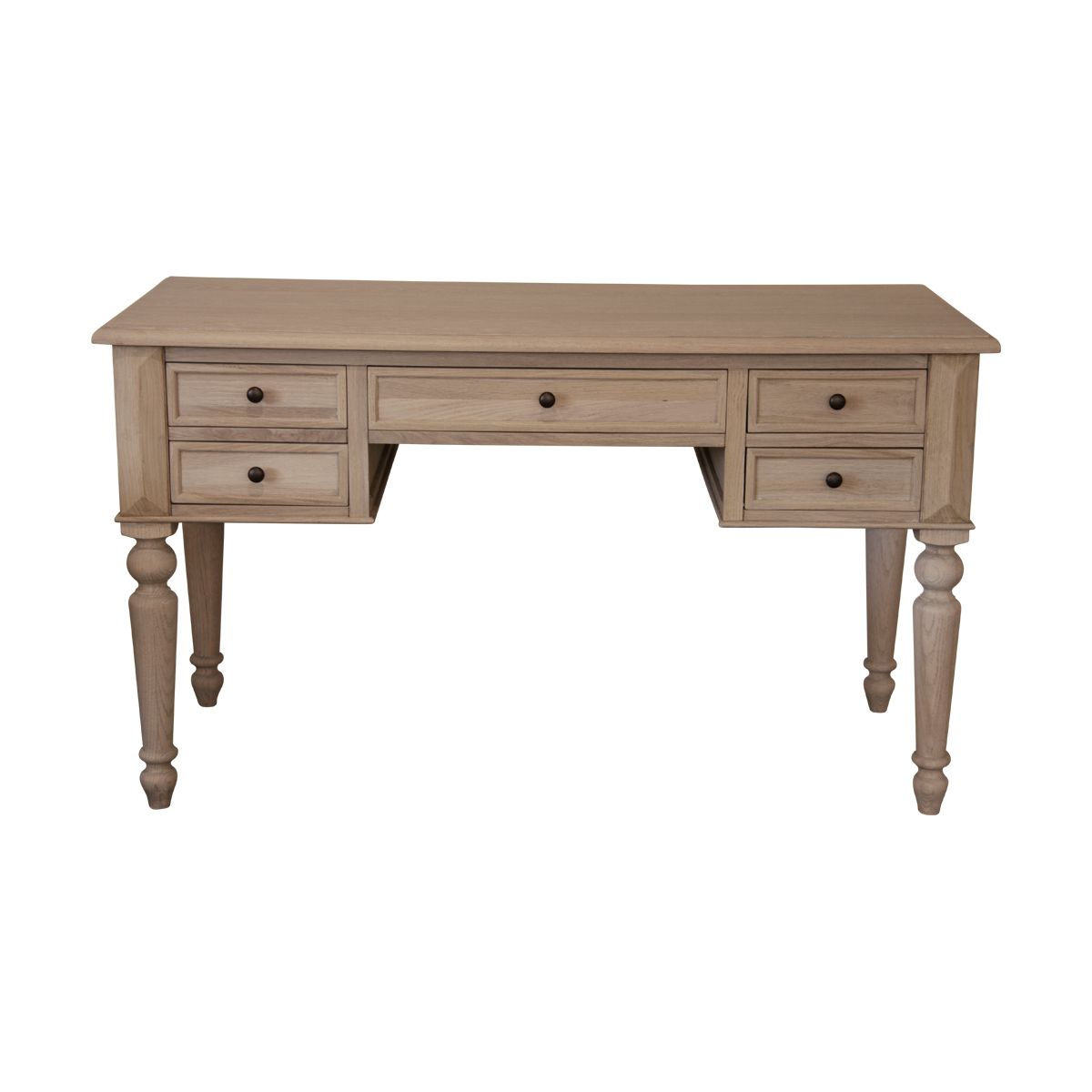 An all oak desk with two drawers on each side and a wider single central drawer.