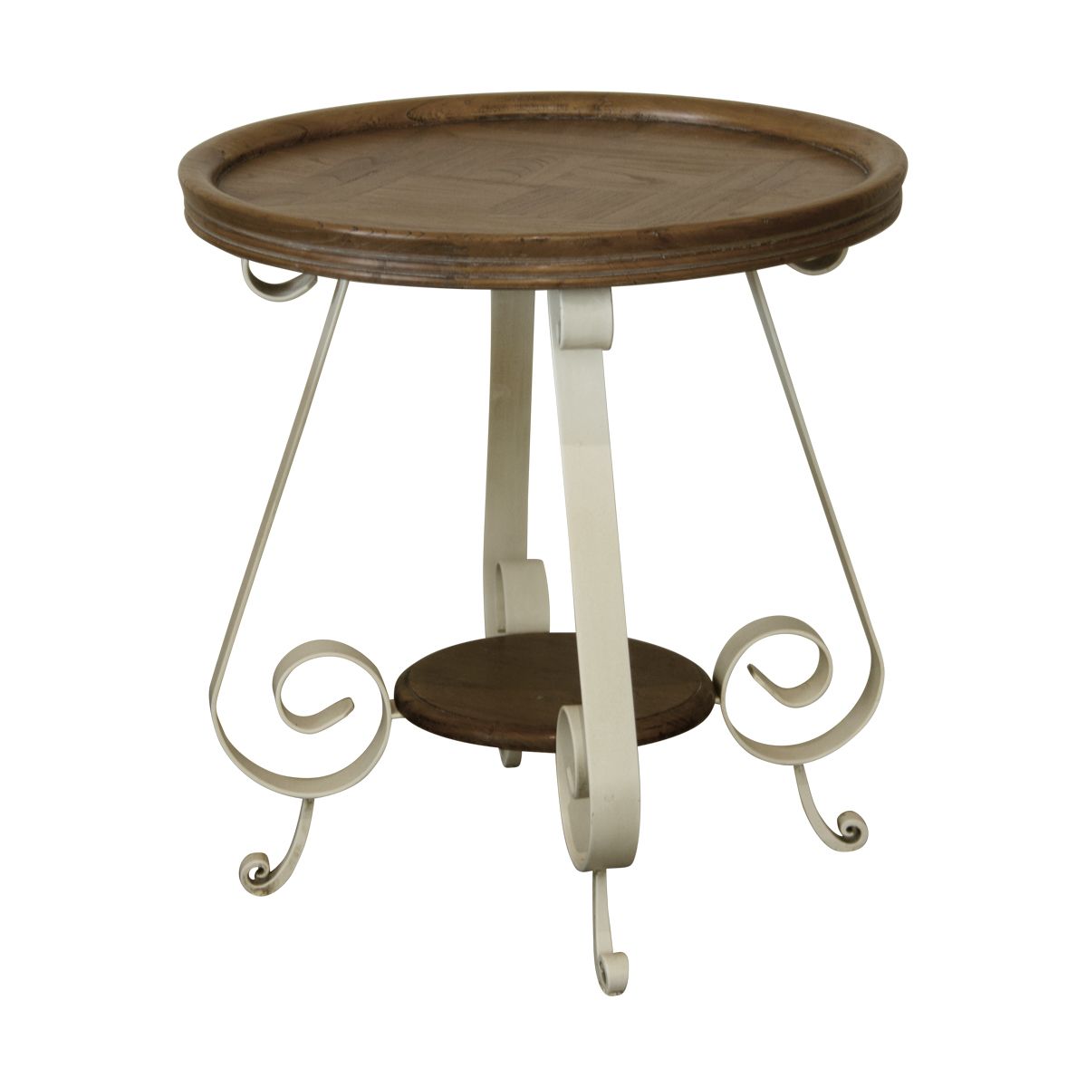 A wooden topped side table with decorative metal legs.