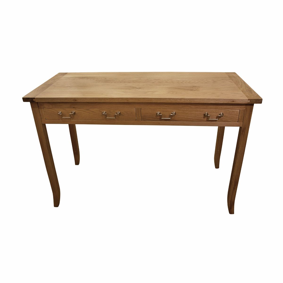 An all oak desk with two wide drawers.