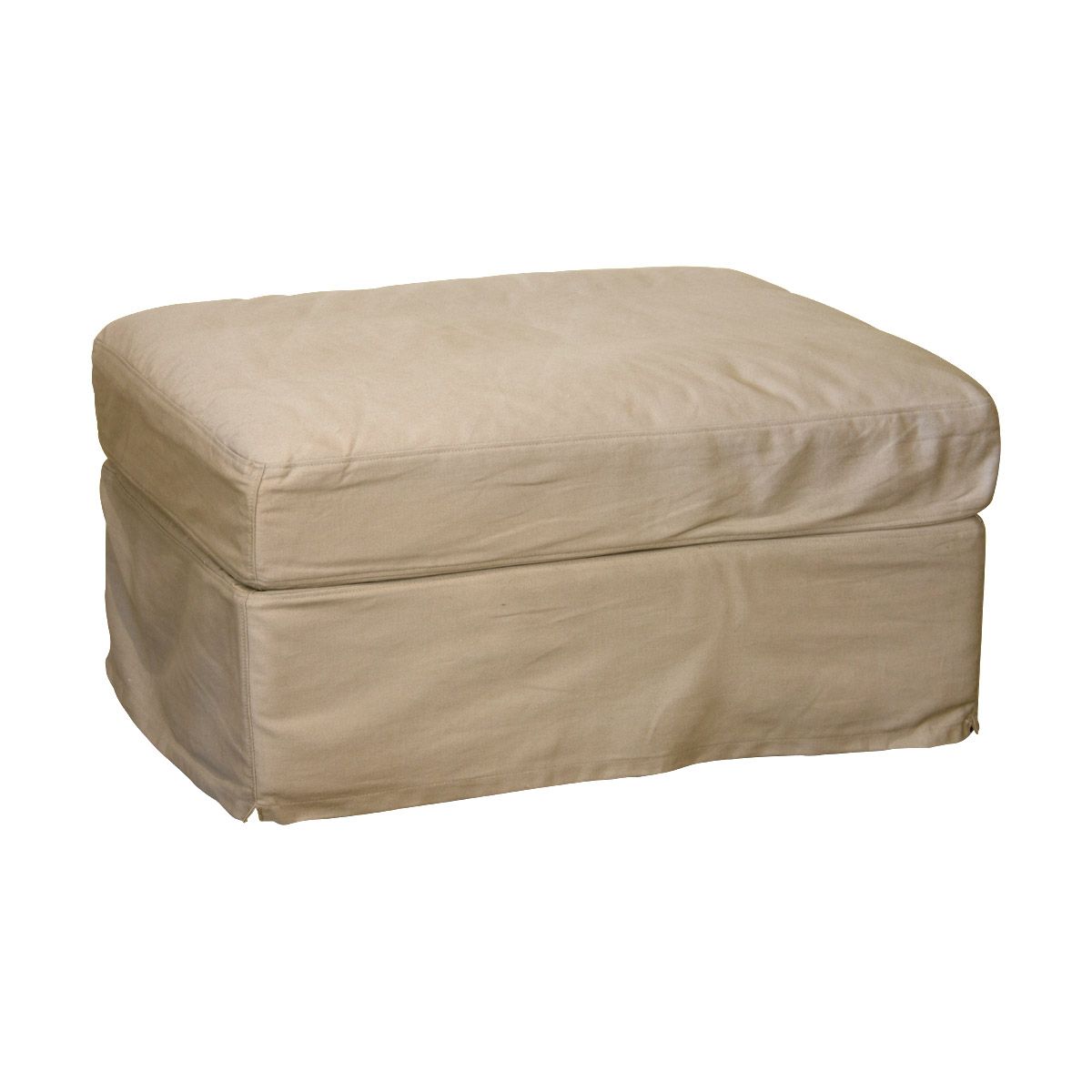 A footstool with linen fabric cushion and covered frame.