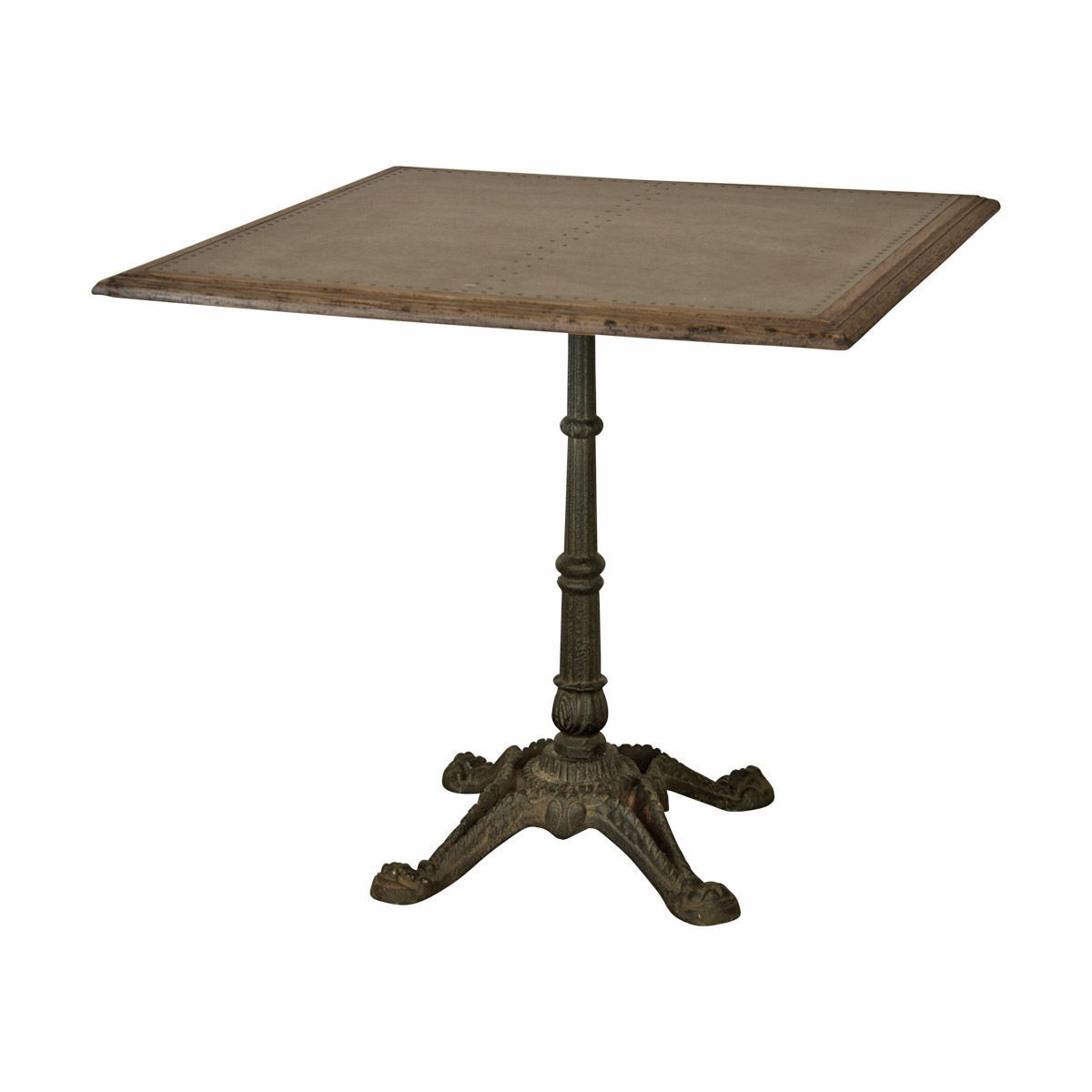 A rectangular timber table with single decorative central leg and feet.