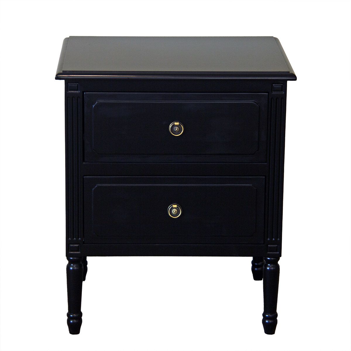 A black painted bedside unit with two drawers