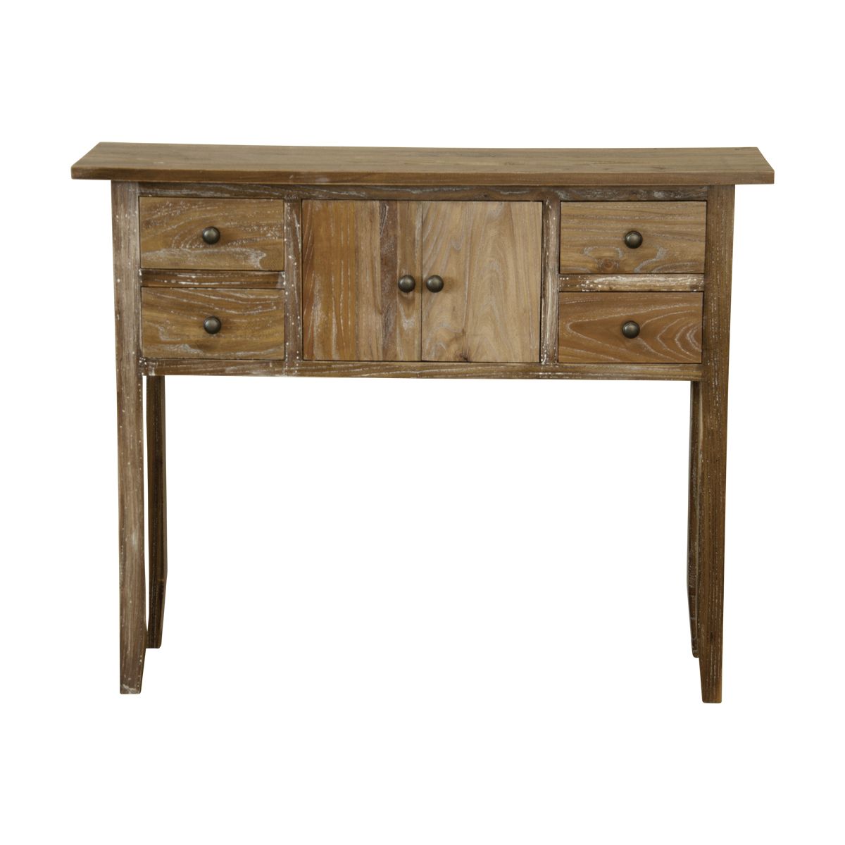An all timber console table with two drawers either side and two doors located centrally.