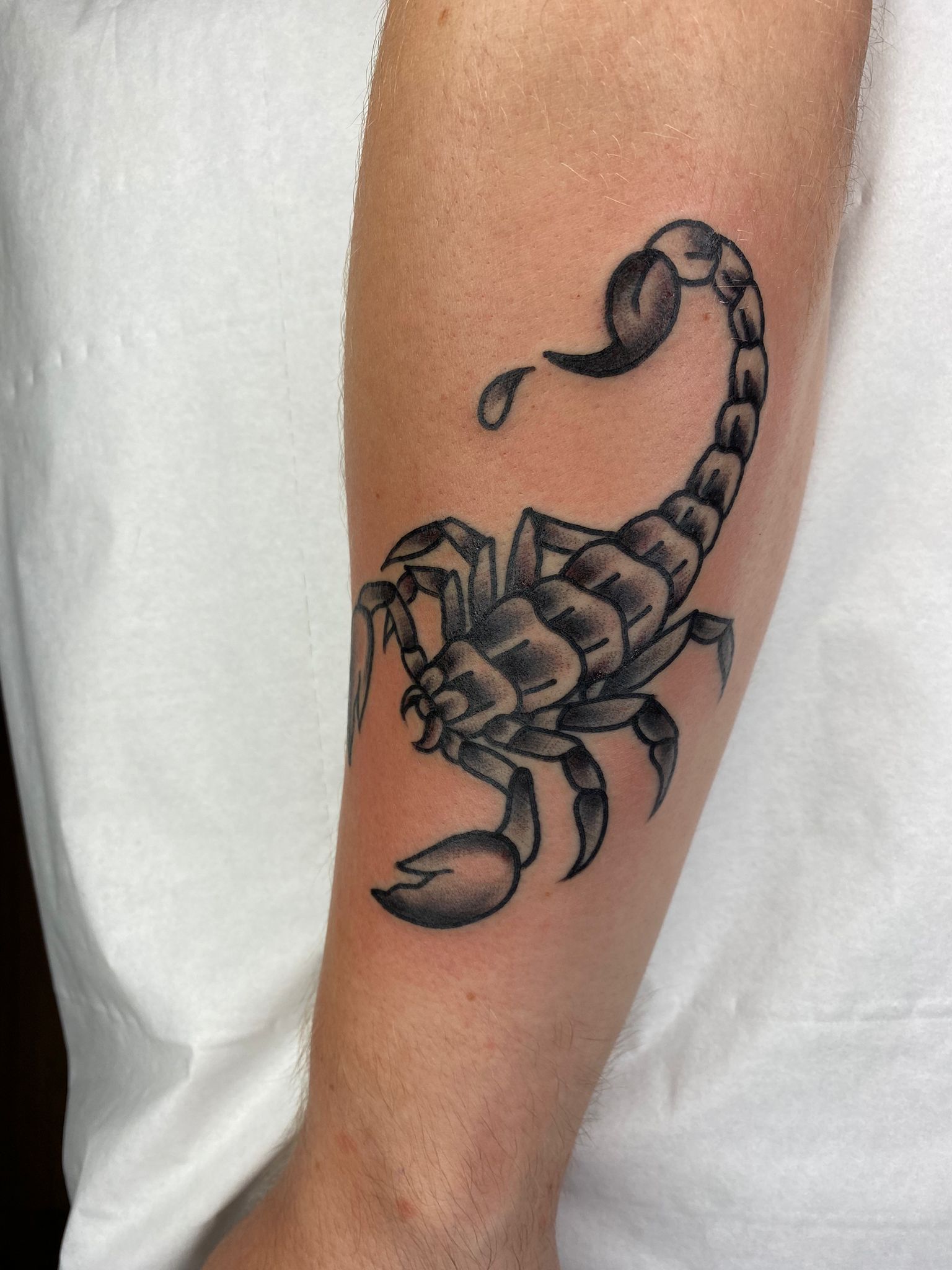 A black and white tattoo of a scorpion on a person 's arm.