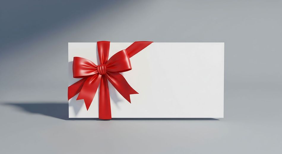 A white rectangular gift card or envelope decorated with a vibrant red ribbon bow, centered against a plain gray background.