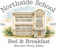 Northside School Bed & Breakfast logo with sketch of a building and Bonners Ferry, Idaho text