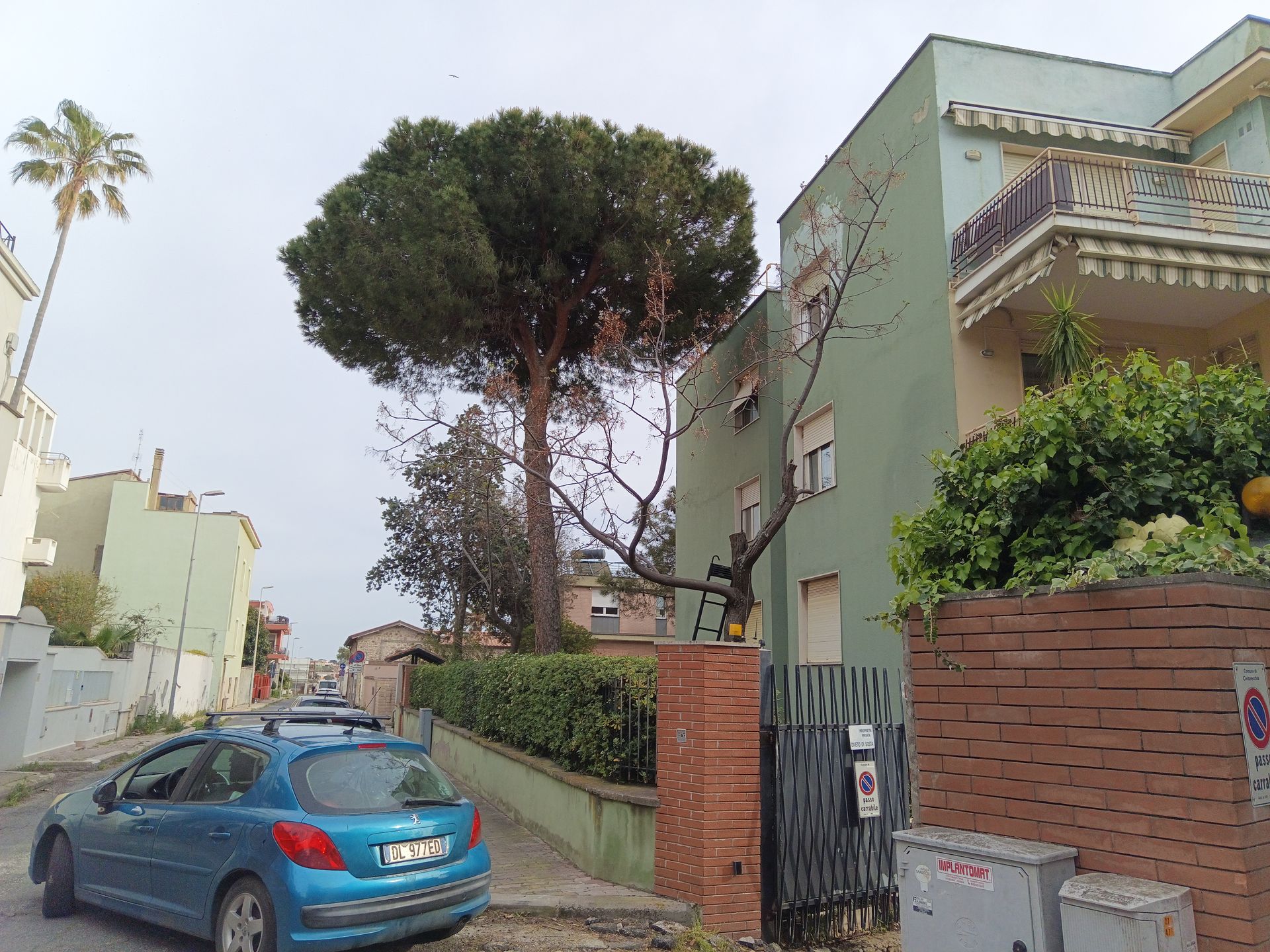 Un'auto blu è parcheggiata davanti a un edificio