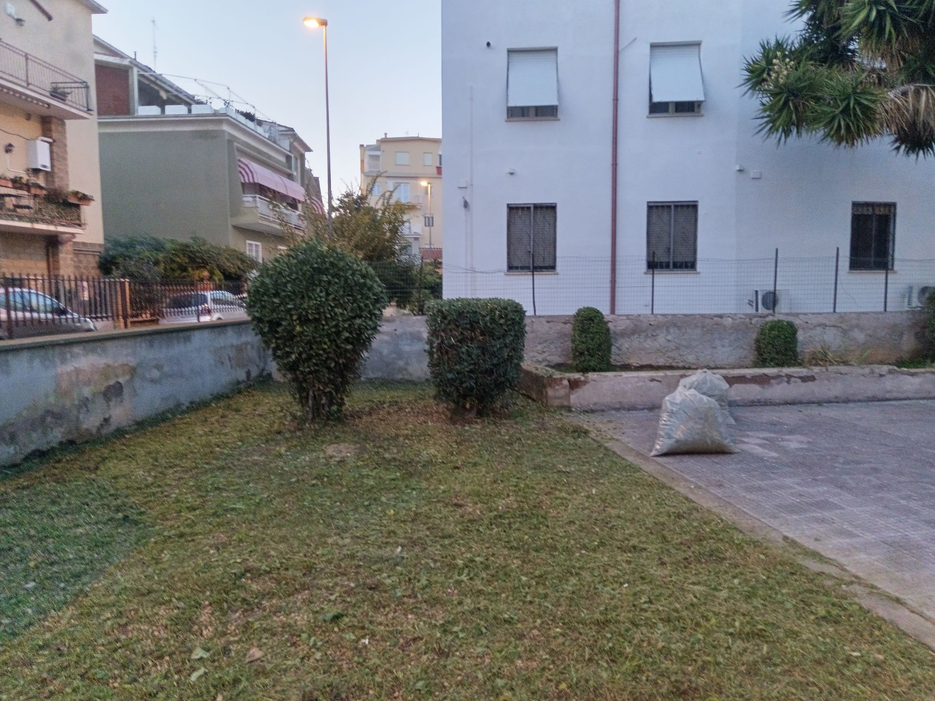 Un prato con un edificio bianco sullo sfondo