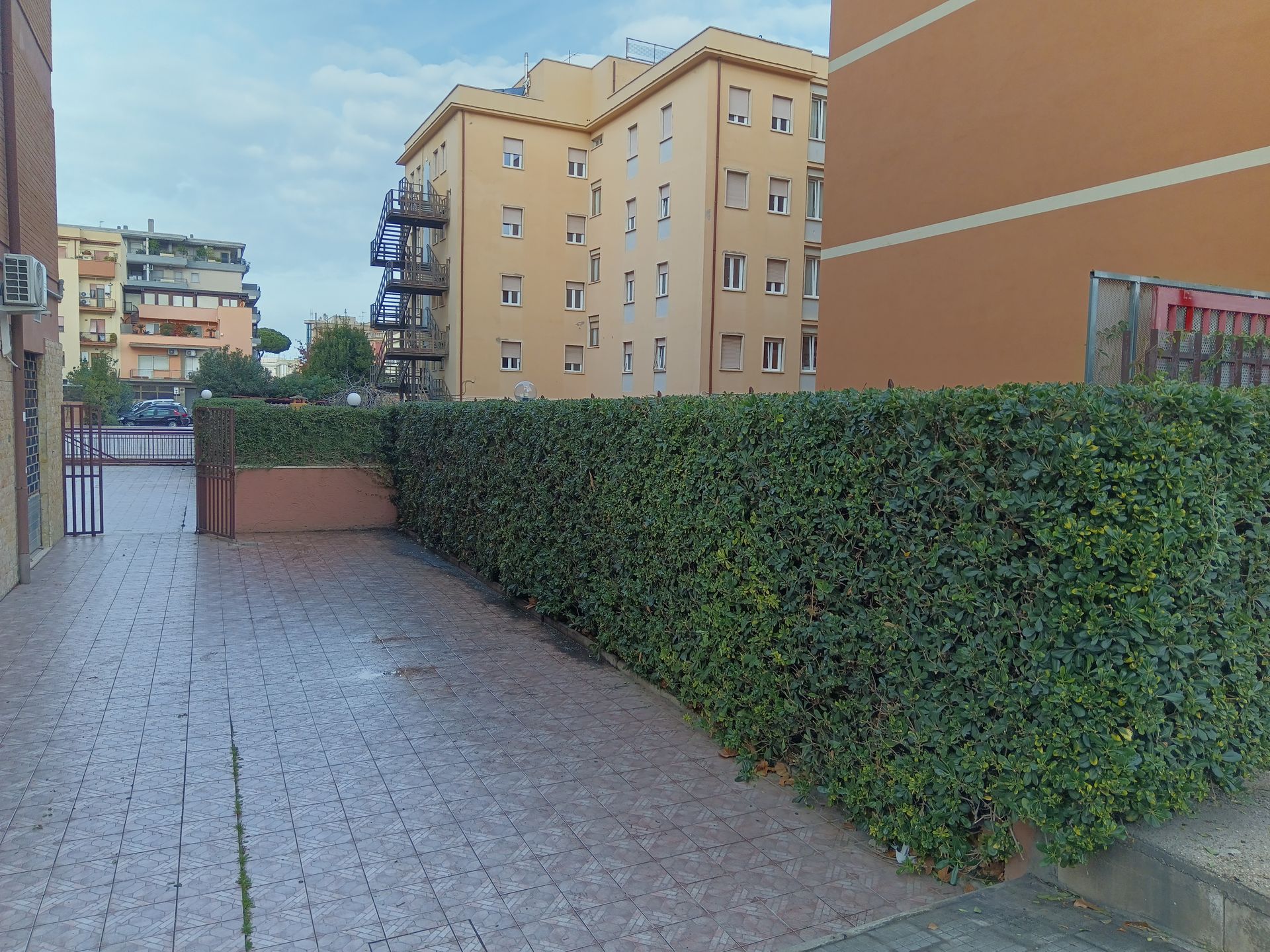 Un sentiero in mattoni con una siepe tra due edifici