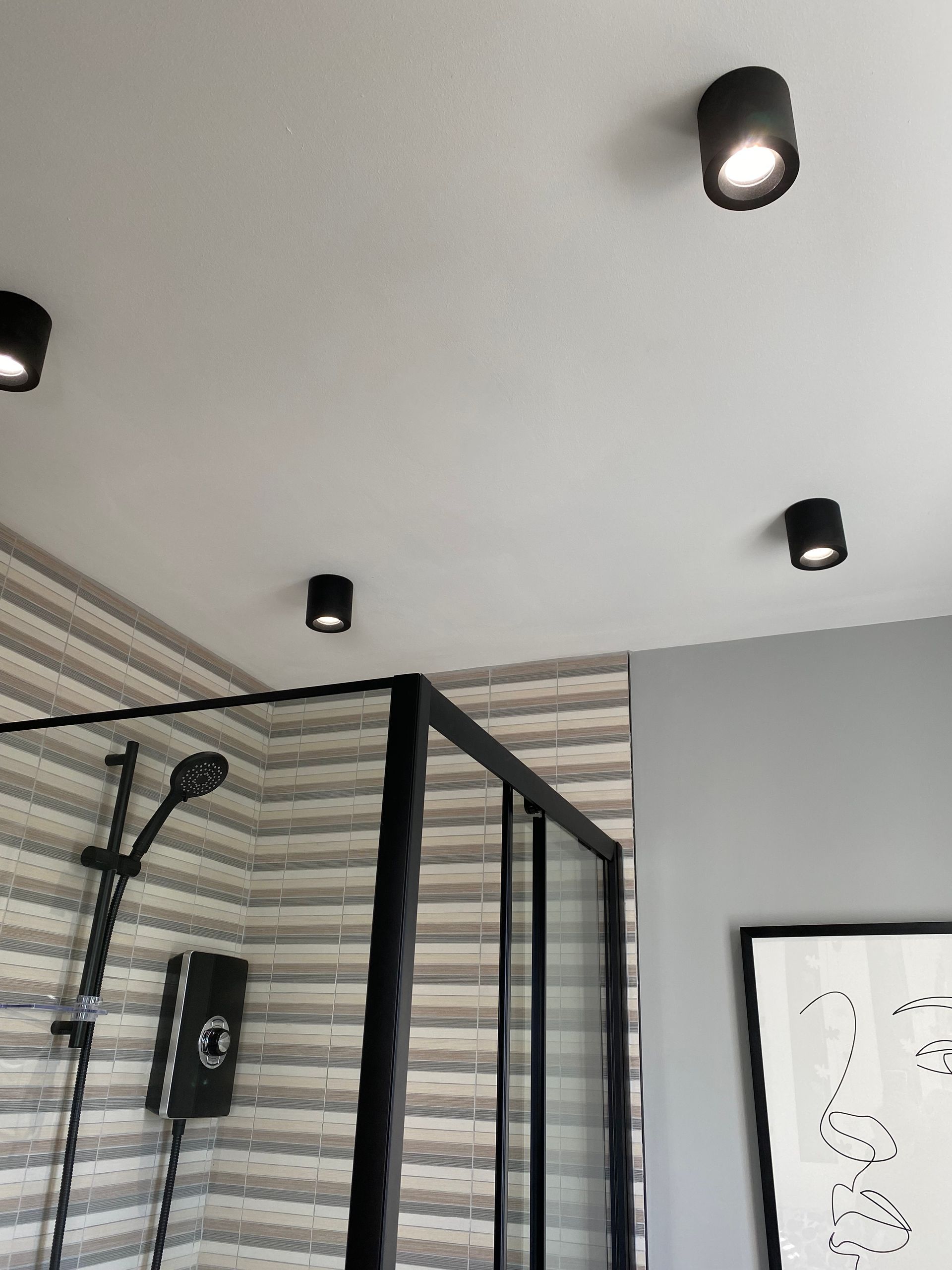 A bathroom with a shower and a picture on the wall.