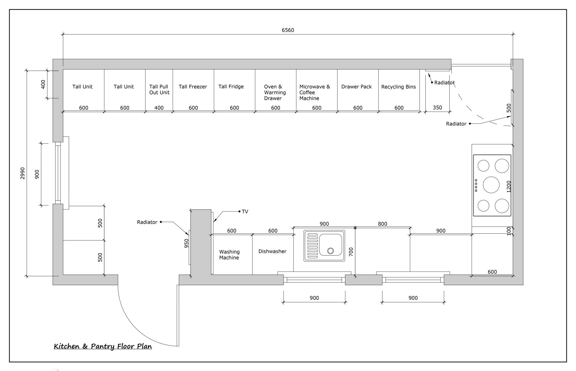 A black and white floor plan of a kitchen with measurements
