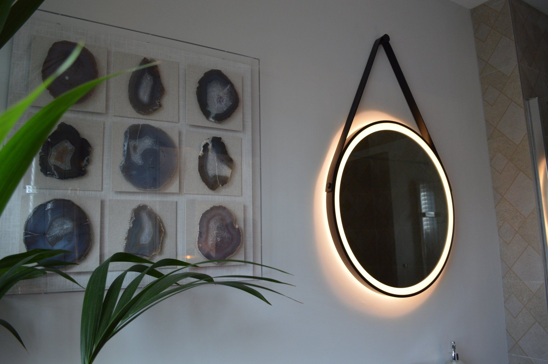 A round mirror is hanging on a wall next to a plant