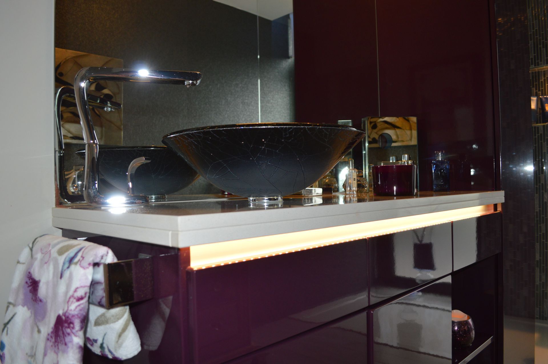 A bathroom with two sinks and a mirror