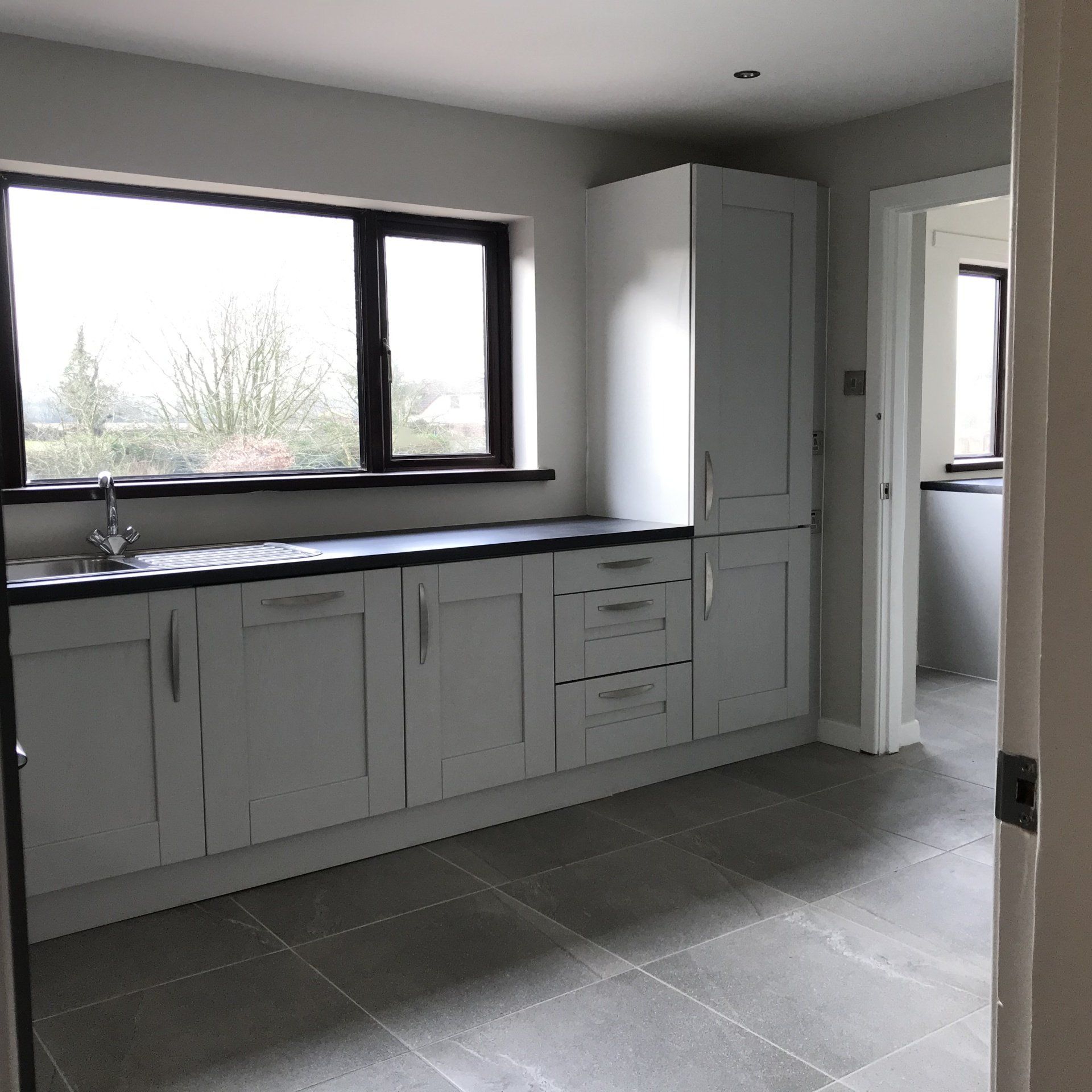 An empty kitchen with white cabinets and a window
